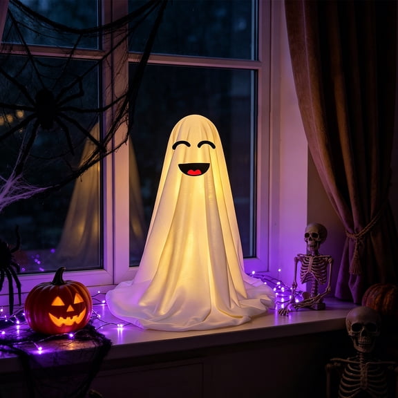 LOWLHOME Round Eyed Tooth Standing Fabric Ghost Ornament, Halloween Porch Courtyard Illuminated Desktop Decoration Prop, Without Light Piece Set, White, 13.8 in, Emoticons A
