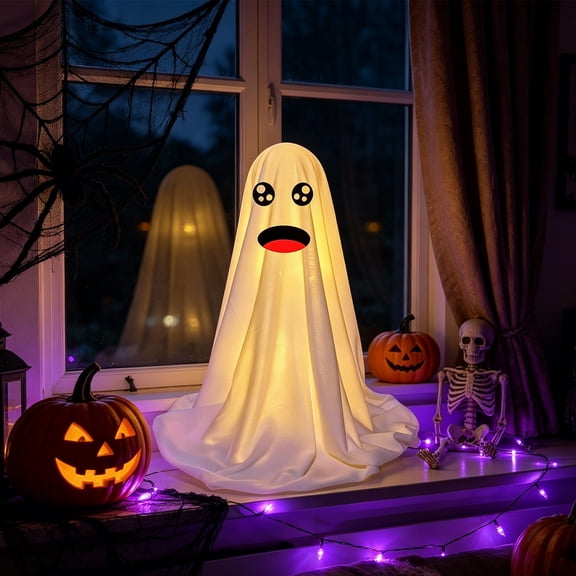 LOWLHOME Round Eyed Tooth Standing Fabric Ghost Ornament, Halloween Porch Courtyard Illuminated Desktop Decoration Prop, Without Light Piece Set, White, 13.8 in, Emoticons C