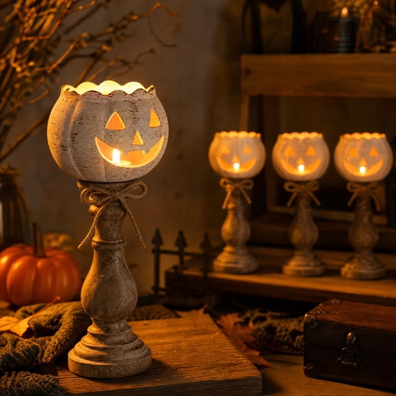 LOWLHOME Rustic White Pumpkin Tealight Candle Holder Set, Farmhouse Halloween Pumpkin Tea Light Candle Holders Decor, Fall Tables Centerpieces for Thanksgiving & Halloween Party, 1pc,8.7 in