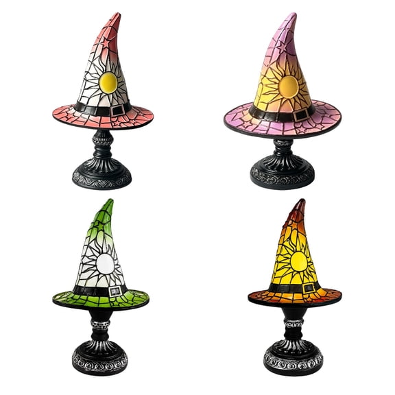 LOWLHOME Stained Glass Witch Hat Table Lamp, USB Powered Gothic Wizard Hat Table Lamp, Bronze Base with Sun Design, for Bedroom, Shelf and Halloween Decor (Purple, 7.08in)