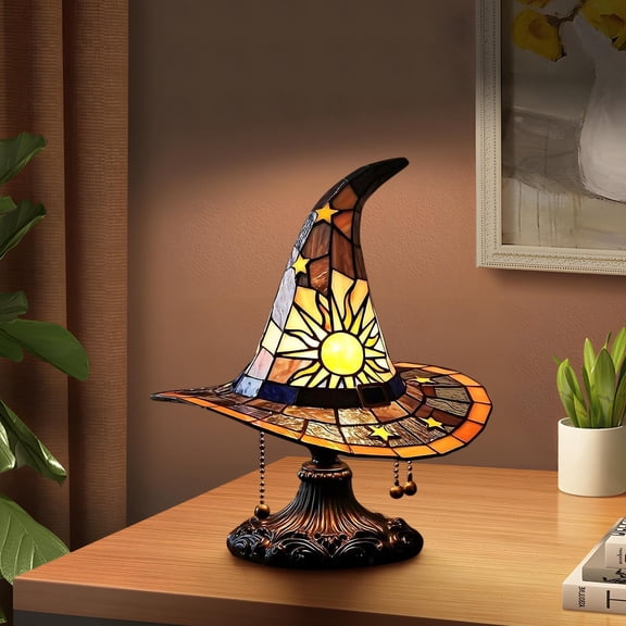 LOWLHOME Stained Glass Witch Hat Table Lamp, USB Powered Gothic Wizard Hat Table Lamp, Bronze Base with Sun Design, for Bedroom, Shelf and Halloween Decor (Yellow, 7.08in)