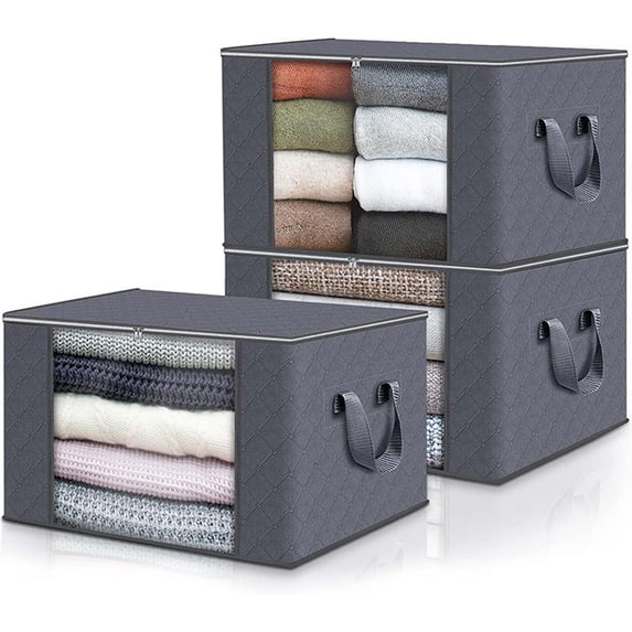 LOWLHOME Storage 1-Pack Clothes Organizer Storage Bags, Foldable Storage Box with Large Clear Window Sturdy Handles, for Blankets Pillows Bedding,35L