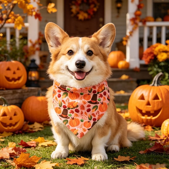 LOWLHOME Thanksgiving Pet Bandana Set, Holiday Pumpkin Turkey Maple Print, Adjustable Triangular Bib Scarf for Cats Dogs, Soft Neckerchief for Fall Harvest Party, 1Pack, Pumpkins