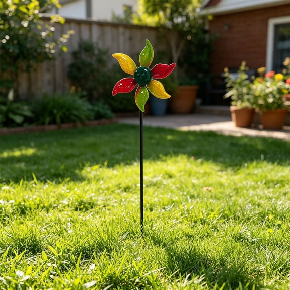 LOWLHOME Three Layer Rotating Iron Windmill Decor,Rustic Outdoor Courtyard Ornament,Durable Metal Wind Spinner,Stylish Decor for Villa & Small Yard,Weather Resistant Iron Windmill for Outdoor,C