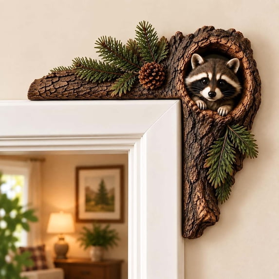 LOWLHOME Tree Hollow Door Topper, 7.87 Inch Wooden Tree Hollow Animal Sculpture with Oak Leaves & Acorn, Farmhouse Door Topper for Window Frame Home Wall Decoration