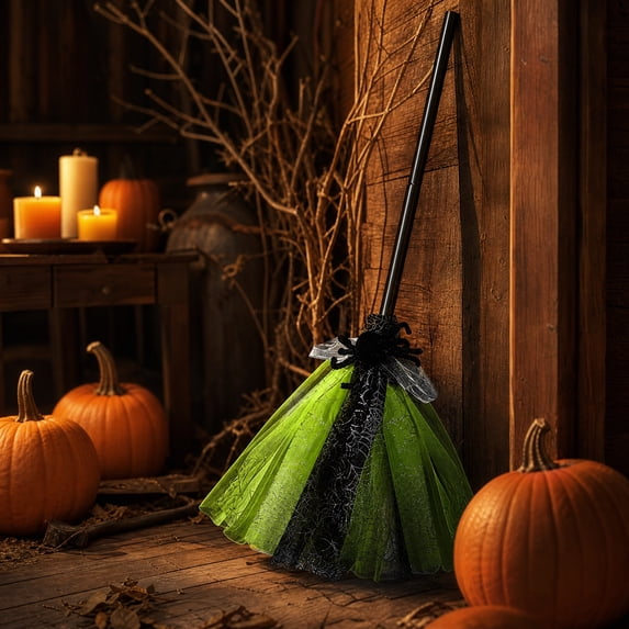 LOWLHOME Witch Broom Wizard Staff Witch Accessories, Halloween Costume Accessory, Plastic Witch Broomstick Cosplay Broom Props, Masquerade Show Dress Up Dance Party Supplies Halloween Decor, Green
