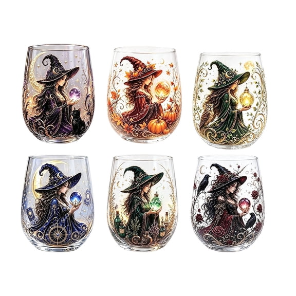 LOWLHOME Witch Stemless Wine Glass Set of 6, Vintage Witch Crystal Ball Gothic Tumbler, Halloween Witch Themed Drinkware for Party, Bar, Gift Giving, and Witchy Decor, 4.21 in