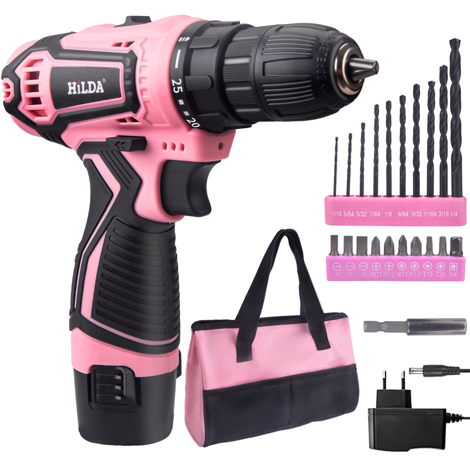LOYALGET Cordless Drill 12V,3/8'' Keyless Chuck 2-Speed Electric Drill w/ Drill Bit Kit \u0026 Battery, Pink