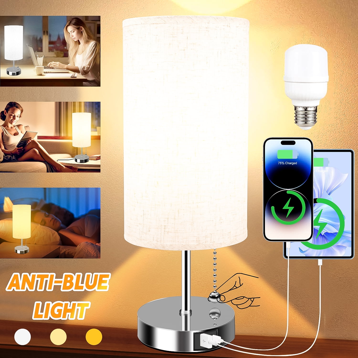 LOYALGET Table Lamps with 3 Way Dimmable Nightstand Lamp,DUAL FAST USB A+C Charging Ports and Fabric Linen Lampshade for Living Room, Dorm, Home Office
