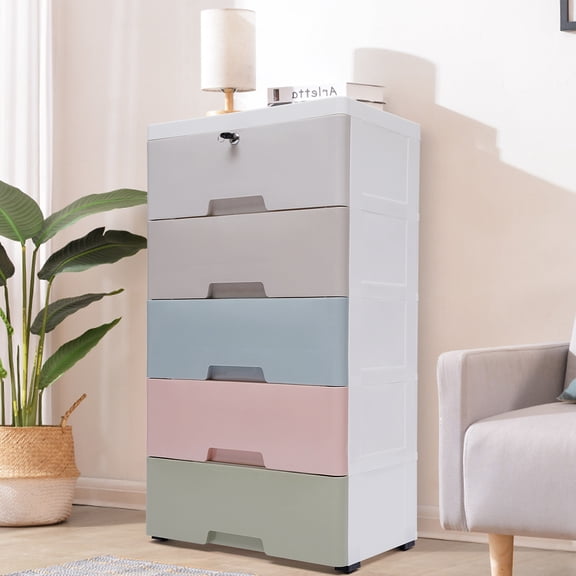 LOYALHEARTDY 5-Layer Plastic Storage Cabinet 5 Drawers Chest Stackable Dresser Locker Freestanding Clothes Organizer Closet Furniture with 4 Wheels for Home Office Bedroom
