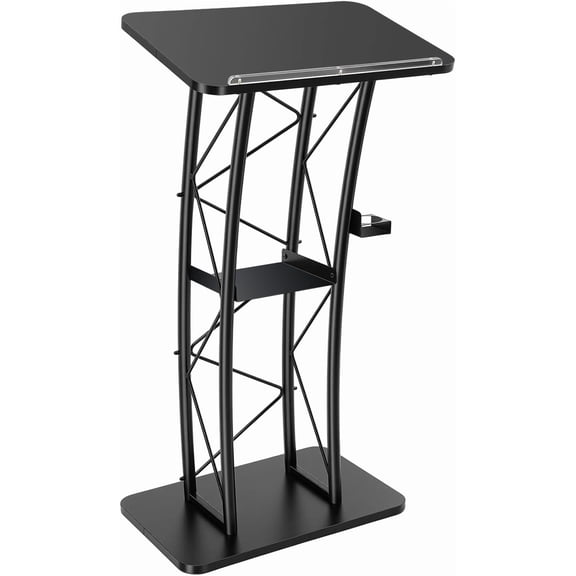 LOYALHEARTDY Black Curved Podium, Truss Metal Pulpit Lectern with A Cup Holder Durable Powder Coat Finish Conference Pulpit Podium for Church School Lectern 47-inch