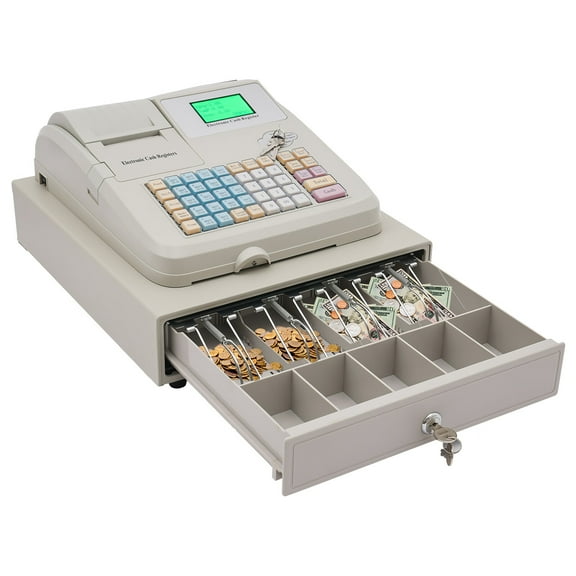 LOYALHEARTDY Electronic Cash Register POS Syetem 48 Keys LCD Display Casher Set Cash Management System with Drawer Box and USB COM Interfaces for Retail Restaurant Shop