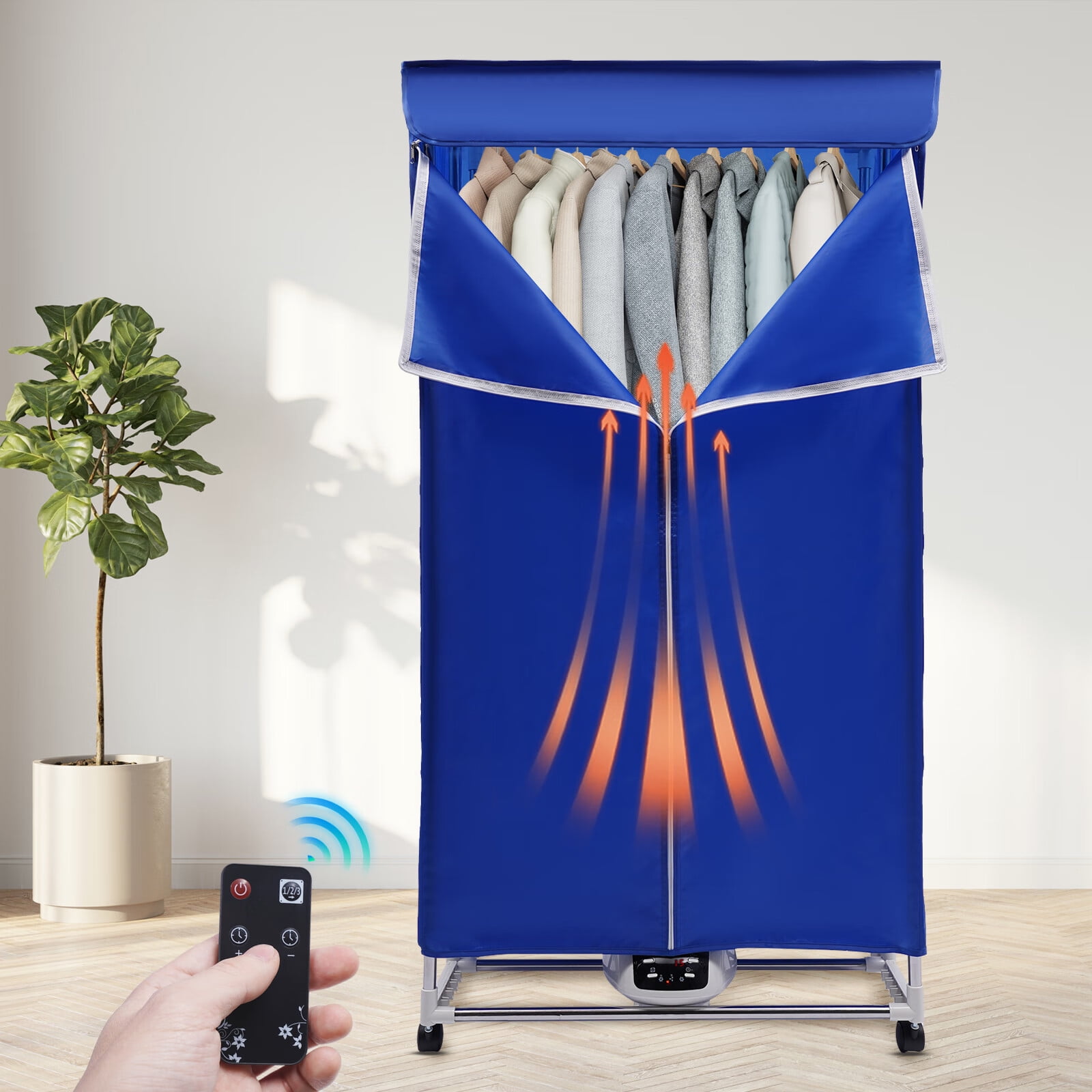 LOYALHEARTDY Folding Clothes Dryer Portable Electric Dryer Machine 0~240min Timing 2-Layer 3-Gear Laundry Drying Rack with Remote & Universal Wheels for Home Apartment RV 1200-1500W (Blue)