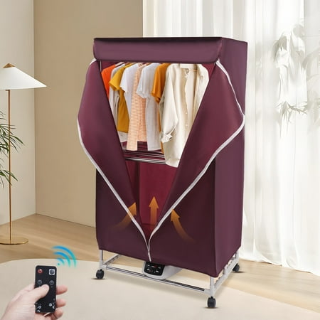 LOYALHEARTDY Folding Clothes Dryer Portable Electric Dryer Machine 0~240min Timing 2-Layer 3-Gear Laundry Drying Rack with Remote & Universal Wheels for Home Apartment RV 1200-1500W (Wine Red)