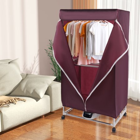 LOYALHEARTDY Folding Clothes Dryer Portable Electric Dryer Machine 0~240min Timing Double Layer 3-Gear Laundry Drying Rack with Universal Wheels for Home Apartment RV 1200-1500W (Wine Red)