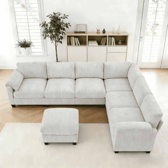 LOYALICE 115" Cloud Comfort Oversized Corduroy Modular Sectional Sofa, U Shaped 7-Seat with Corner Seat Deep Seat Comfy Convertible Sleeper, Chaise & Movable Ottoman for Living Room, Gray