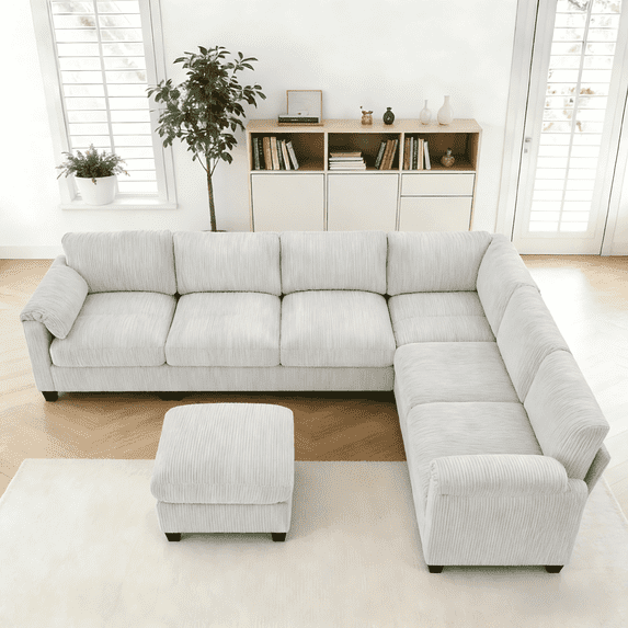 LOYALICE 115" Cloud Comfort Oversized Corduroy Modular Sectional Sofa, U Shaped 7-Seat with Corner Seat Deep Seat Comfy Convertible Sleeper, Chaise & Movable Ottoman for Living Room, Gray