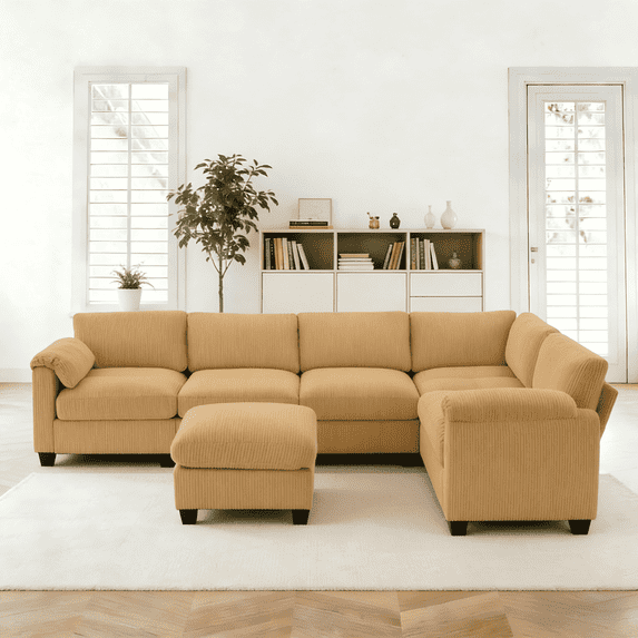 LOYALICE 115" Cloud Comfort Oversized Corduroy Modular Sectional Sofa, U Shaped 7-Seat with Corner Seat Deep Seat Comfy Convertible Sleeper, Chaise & Movable Ottoman for Living Room, Yellow