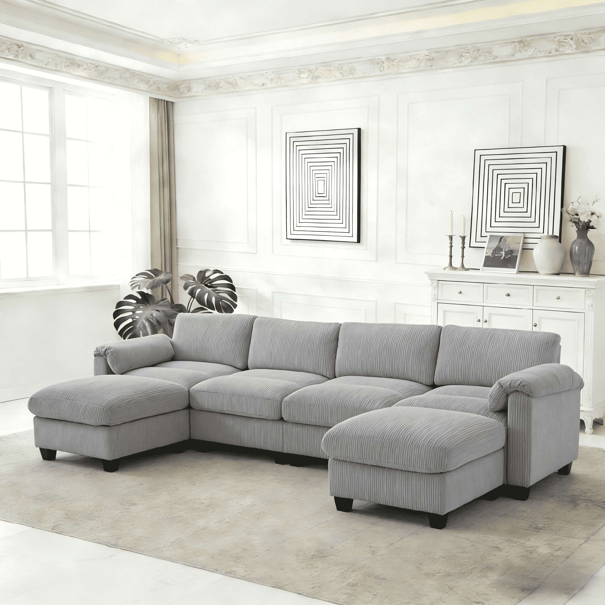 LOYALICE 115" Cozy Oversized Corduroy Modular Sectional Sofa U Shaped 6 Seat Couch with Movable Ottoman & Chaise for Living Room Bedroom, Dark Gray