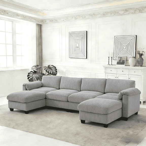 LOYALICE 115" Cozy Oversized Corduroy Modular Sectional Sofa U Shaped 6 Seat Couch with Movable Ottoman & Chaise for Living Room Bedroom, Dark Gray