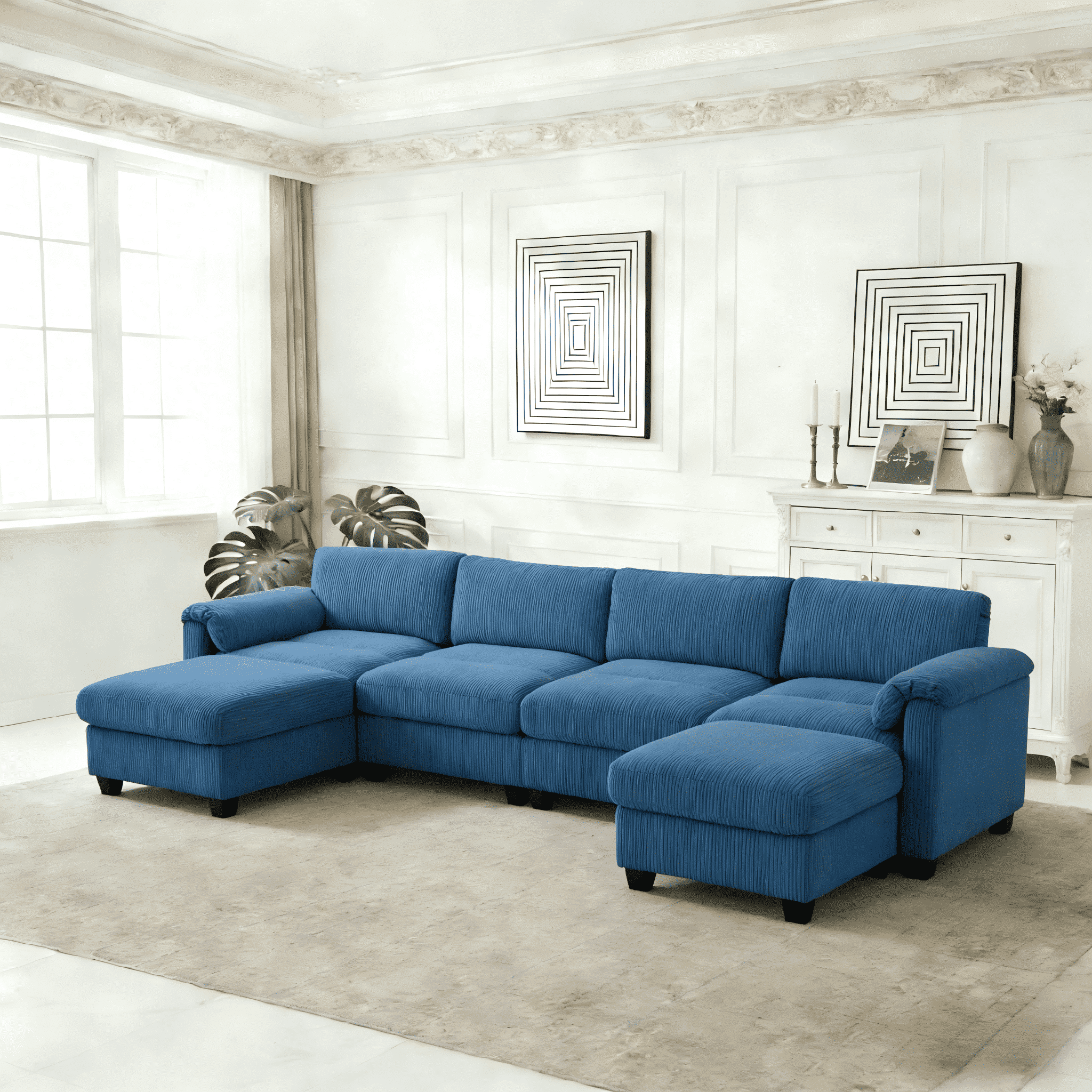 LOYALICE 115" Cozy Oversized Corduroy Modular Sectional Sofa U Shaped 6 Seat Couch with Movable Ottoman & Chaise for Living Room Bedroom, Navy