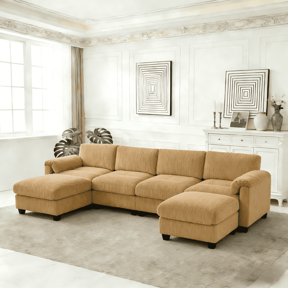 LOYALICE 115" Cozy Oversized Corduroy Modular Sectional Sofa U Shaped 6 Seat Couch with Movable Ottoman & Chaise for Living Room Bedroom, Yellow