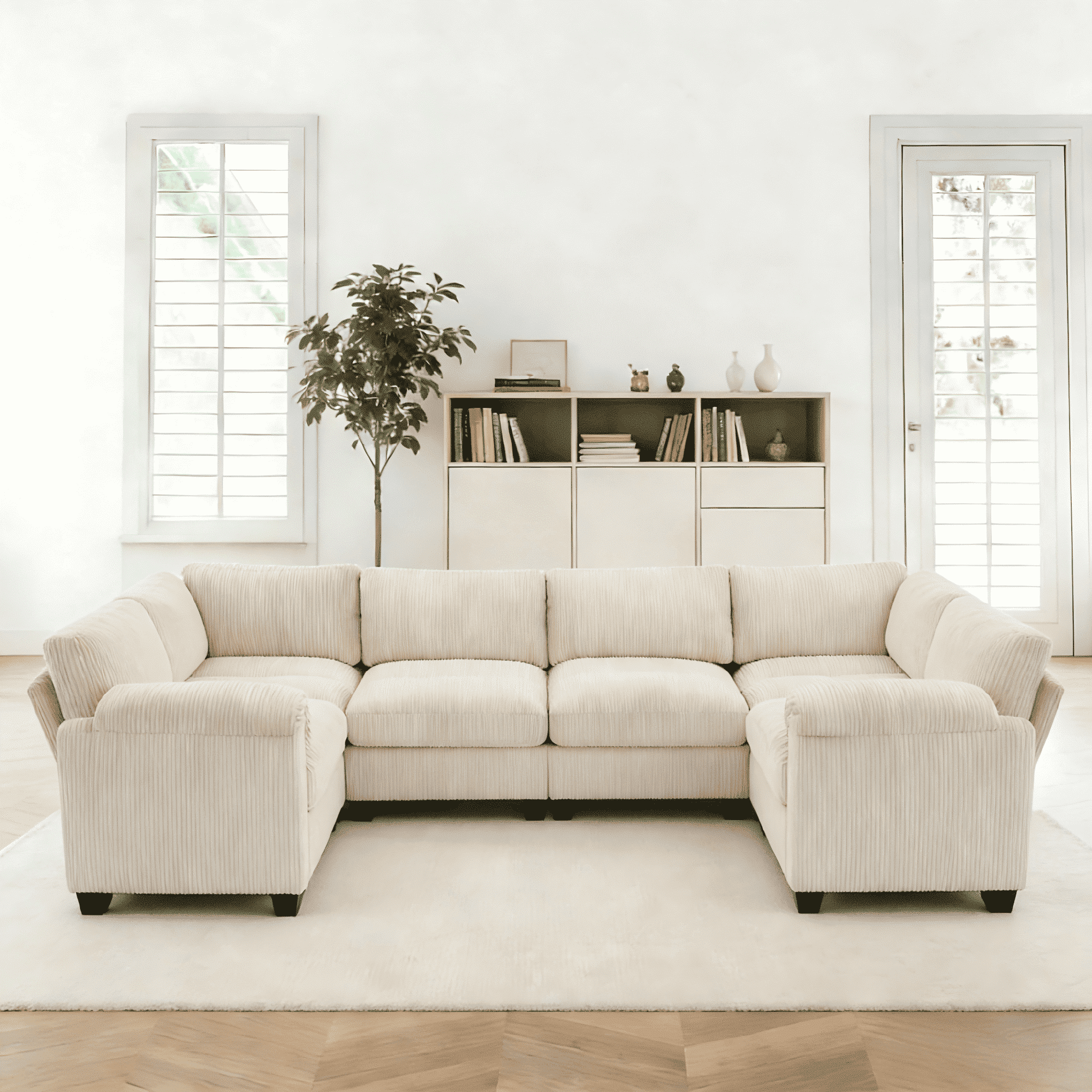 LOYALICE 115" Oversized Modular Corduroy Sectional Sofa, Pet-Scratch Resistant 8-Seat U Shaped with Corner Seat Cloud Couch, Chaise & Movable Ottoman for Living Room Home Office, Beige
