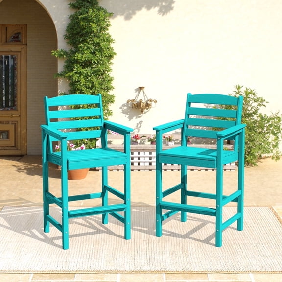 LOYALICE 2 Piece Outdoor Bar Chairs Set, HDPE Patio Bar Height Chairs with Armrests, Weather Resistant Outdoor Seating with Wood Grain Design for Patio, Balcony, Garden, Poolside, Turquoise