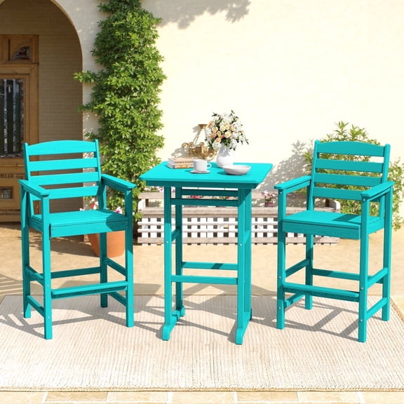 LOYALICE HDPE 3 Piece Outdoor Bar Table and Stools Set, Weatherproof High Patio Bistro Set with Wide Armrest Bar Chairs & Round Corner Table for Garden, Poolside & Balcony, Turquoise