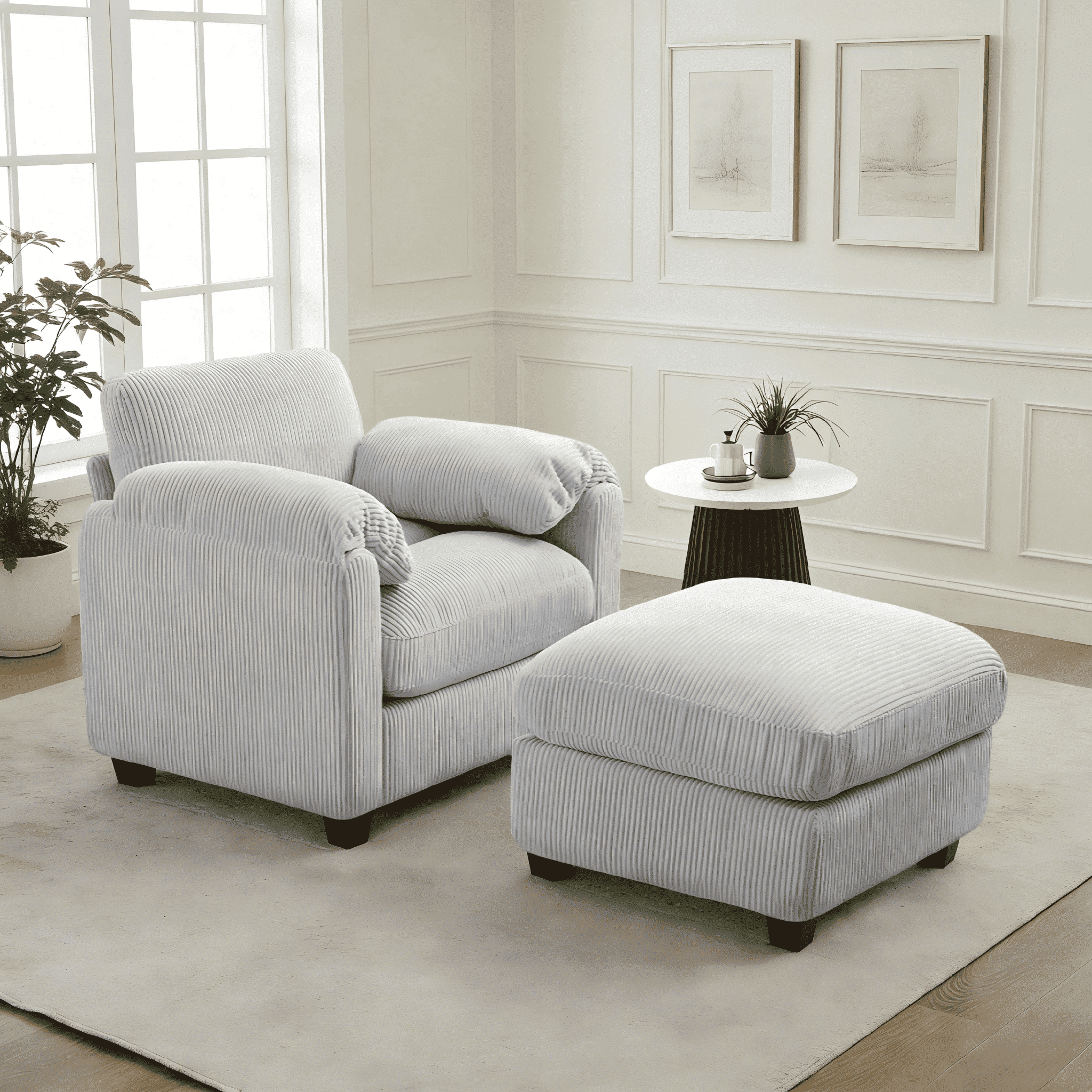 LOYALICE 58.3" Corduroy Lounge Chair with Ottoman - Upholstered Accent Armchair for Living Room Bedroom Reading Room, Gray