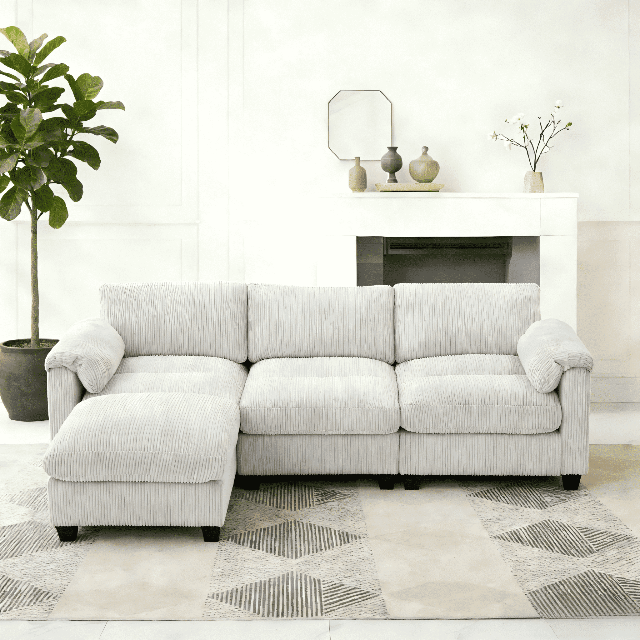 LOYALICE 85.37" Modern Corduroy Modular Sectional Sofa L Shaped 4 Seat Couch with Movable Ottoman & Chaise for Living Room Bedroom, Gray