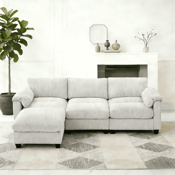 LOYALICE 85.37" Modern Corduroy Modular Sectional Sofa L Shaped 4 Seat Couch with Movable Ottoman & Chaise for Living Room Bedroom, Gray