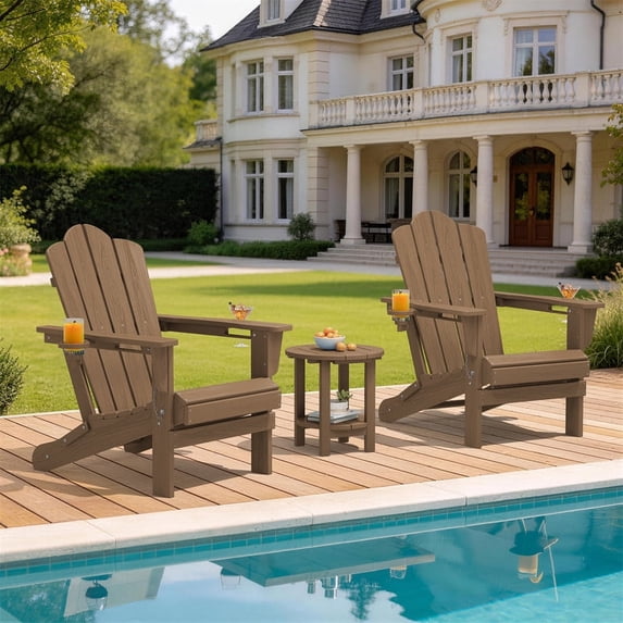 LOYALICE Folding Adirondack Chair Set of 2 with Dual Cup Holders, All-Weather HDPE Outdoor Patio Chair for Backyard, Poolside, Garden, Fire Pit, Brown