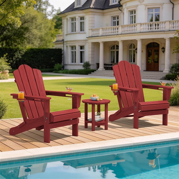 LOYALICE Folding Adirondack Chair Set of 2 with Dual Cup Holders, All-Weather HDPE Outdoor Patio Chair for Backyard, Poolside, Garden, Fire Pit, Deep Red