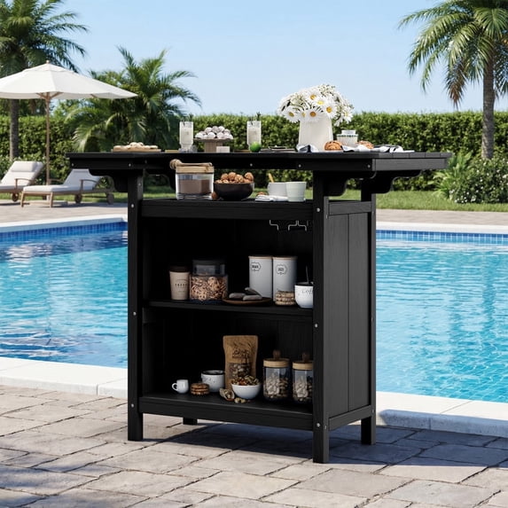 LOYALICE HDPE Outdoor Bar Table with Open Storage, Weather Resistant Patio Bar Height Table for Poolside, Parties, Kitchen, Black