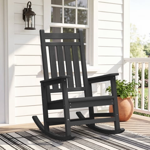 LOYALICE HDPE Outdoor Rocking Chair with Wood-Grain Texture, All-Weather High Back Rocker for Porch Patio, 380lb Capacity Heavy-Duty Outdoor Seating, Black