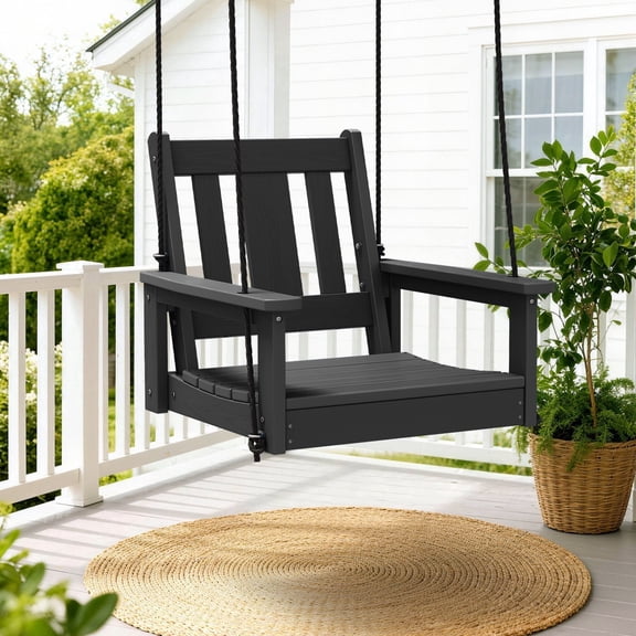 LOYALICE HDPE Single Hanging Swing Chair – Weatherproof Porch Swing with Ropes for Patio, Garden & Backyard, Black