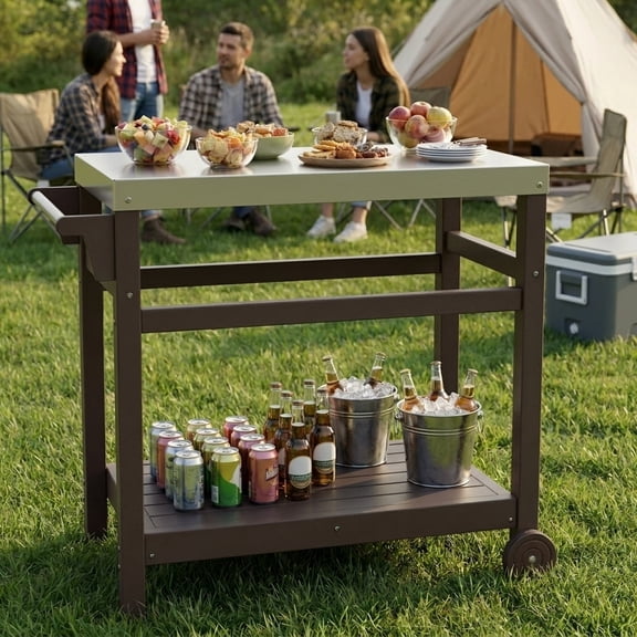 LOYALICE Outdoor Kitchen Cart with Stainless Steel Top – Weatherproof HDPE Serving Trolley with Wheels & Storage Shelf for Patio, BBQ & Backyard Parties, Dark Brown