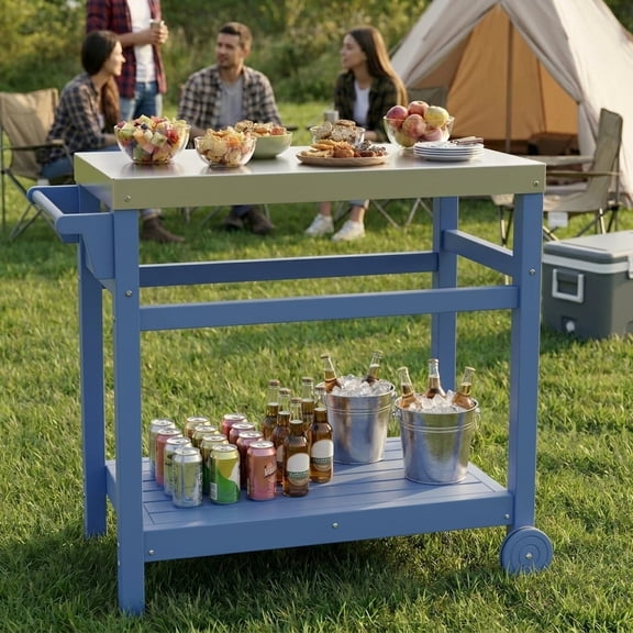 LOYALICE Outdoor Kitchen Cart with Stainless Steel Top – Weatherproof HDPE Serving Trolley with Wheels & Storage Shelf for Patio, BBQ & Backyard Parties, Navy Blue