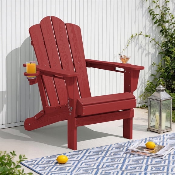 LOYALICE Folding Adirondack Chair with Dual Cup Holders, All-Weather HDPE Outdoor Patio Chair for Backyard, Poolside, Garden, Fire Pit, Deep Red