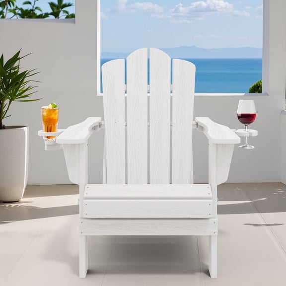 LOYALICE Outdoor Patio Folding HDPE Resin Adirondack Chair with Double Cup Holder, White