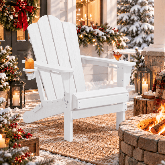 LOYALICE Folding Adirondack Chair with Dual Cup Holders, All-Weather HDPE Outdoor Patio Chair for Backyard, Poolside, Garden, Fire Pit, White