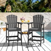 LOYALICE Tall Plastic Adirondack Chair Set of 2 W/ Outdoor Barstools and Connecting Tray, Gray