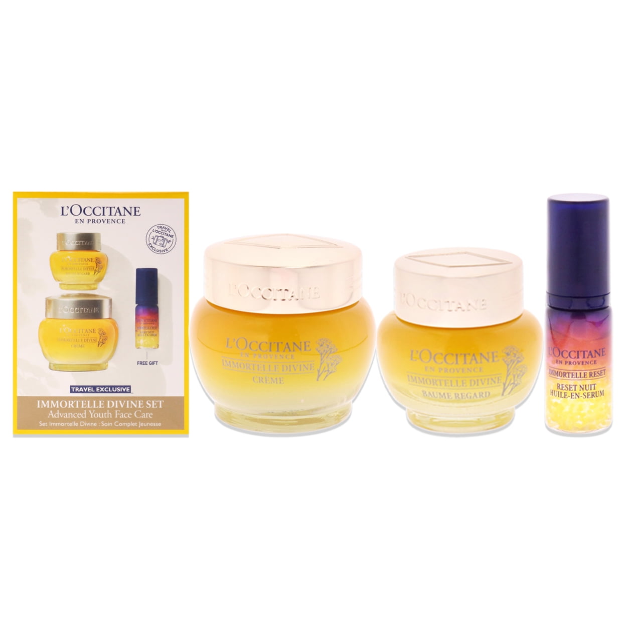 LOccitane Immortelle Divine 3 Pc Set - Advance Youth Face Care - 0.5oz Eye Balm, 1.7oz Cream, 0.16oz Oil-In-Serum