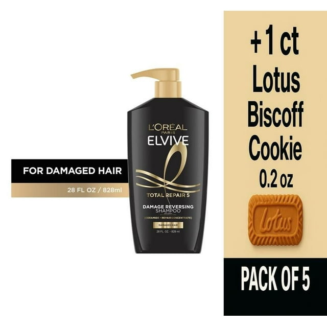LOreal Paris Elvive Total Repair 5 Reparing Shampoo for Damaged Hair 28.0 fl oz - Pack of 5 & Lotus Biscoff Cookie - 0.2 Oz - 1 ct
