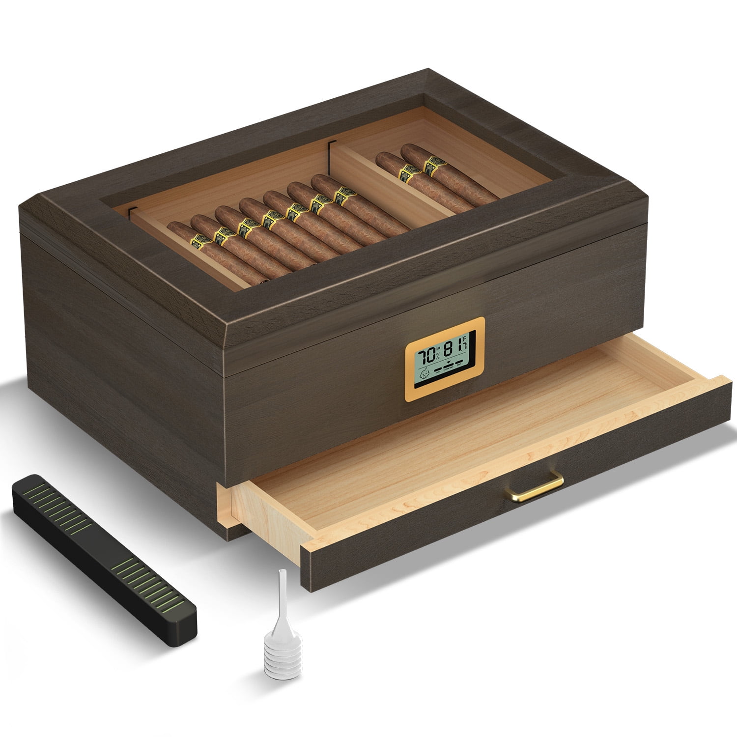 Mantello Cigars Humidor - Cajas de puros para 15-25 puros - Humidor de  cigarros con acabado cereza - Higrómetro y caja de cigarros - Humidificador