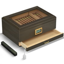 LP Cigar Humidor, Glass Top Desktop Humidor, Storage Box for 20-50 Cigars with Digital Hygrometer, Humidifier, Divider, Drawer & Dropper