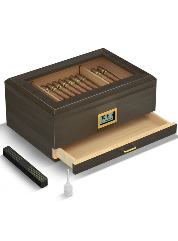 LP Cigar Humidor, Glass Top Desktop Humidor, Storage Box for 20-50 Cigars with Digital Hygrometer, Humidifier, Divider, Drawer & Dropper