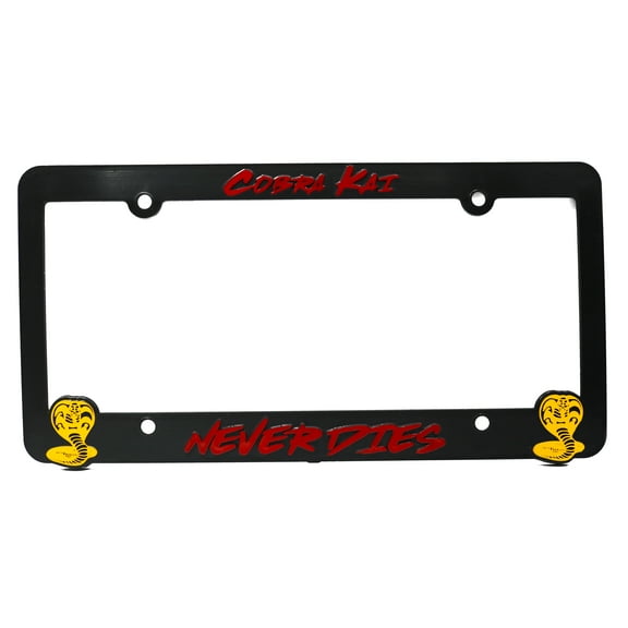 LP Frameworks Cobra Kai Never Dies for Karate Kid 3D Raised License Plate Frame | 1 Pack Car License Plate Cover | Universal US Car Black License Plate Holder | Auto Accessories (Car, Truck and SUV)