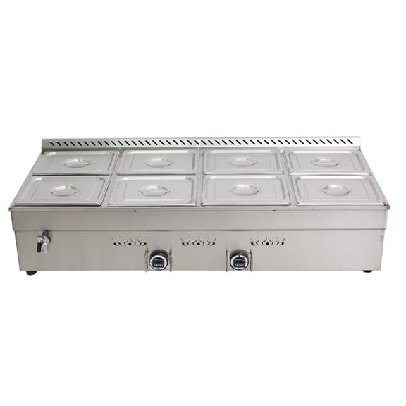 LP Gas Food Warmer Canteen Steam Heater Table Top Gas Bain Marie 8-Pan with Pressure Relief Valve
